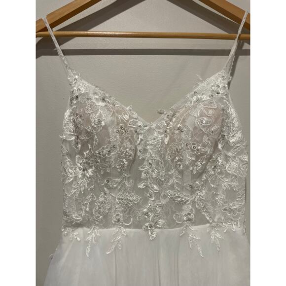 NWT Azazie Tatiana A-Line V-Neck Sequins Tulle Wedding Dress Diamond White Sz 0 - Picture 5 of 11